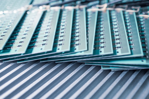 Close-up side view of a panel of SMD resistors