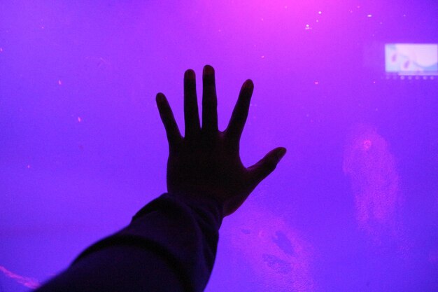 Photo close-up of silhouette hand reaching towards purple light