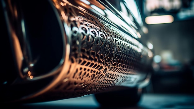 A close up of a silver car with a silver metal pipe.