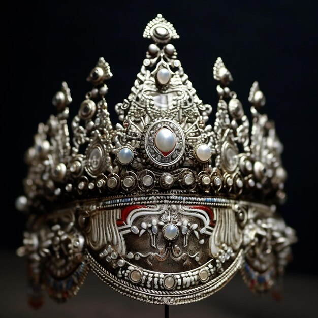 Photo a close up of a silver crown with pearls and jewels generative ai