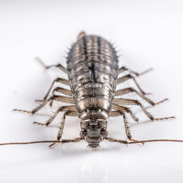 A close up of a silver insect on a white surface generative ai