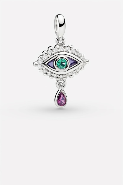 a close up of a silver pendant with a purple and green eye generative ai