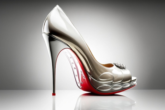 Close up of silver and red high heel shoe with diamond decoration generative ai