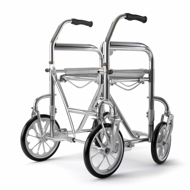 A close up of a silver wheelchair with wheels on a white background generative ai
