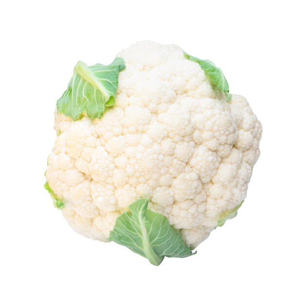 Close up of single fresh ripe white cauliflower head with some green leaves isolated on white background with clipping path Top view of organic vegetable Concept of healthy food eating