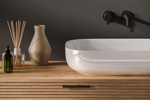 Photo close up of sink with mirror hanging in on gray wall wooden cabinet with white ceramic sink and black faucet in minimalist bathroom side view