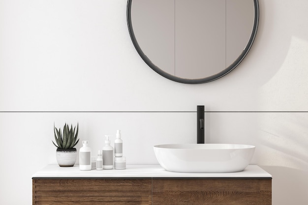 Close up of sink with oval mirror standing in on white wall wooden cabinet with black faucet in minimalist bathroom Side view 3d rendering