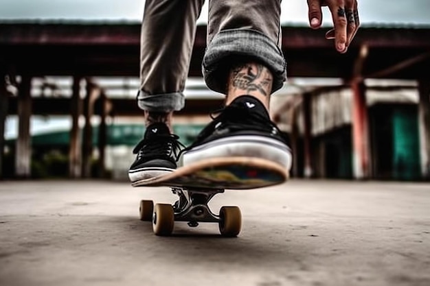 A close up of skateboard and leg man photo illustration