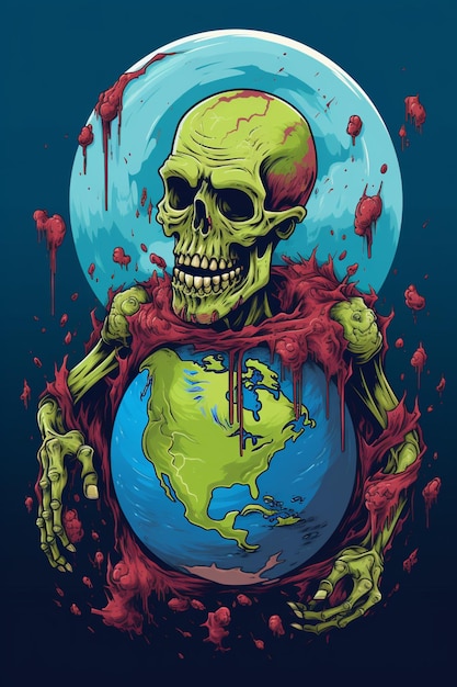 a close up of a skeleton holding a globe with blood on it generative ai