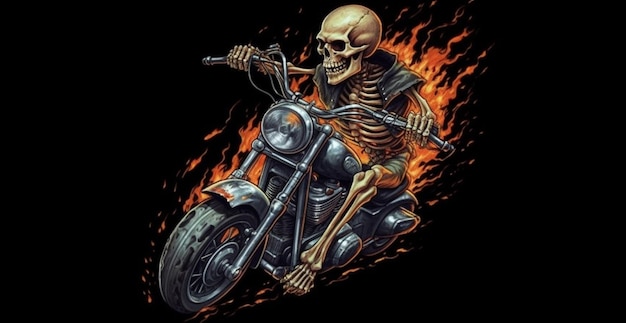 a close up of a skeleton riding a motorcycle with flames generative ai