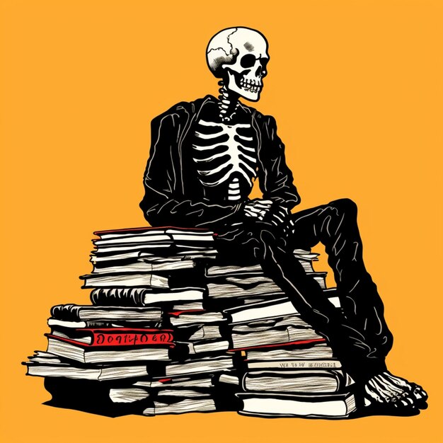 A close up of a skeleton sitting on a pile of books generative ai