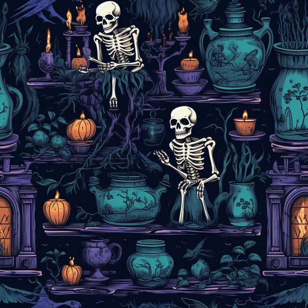 Близкий взгляд на скелет, сидящий на полке с свечами