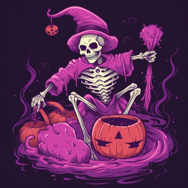 a close up of a skeleton in a witch costume with a broom and a pumpkin generative ai