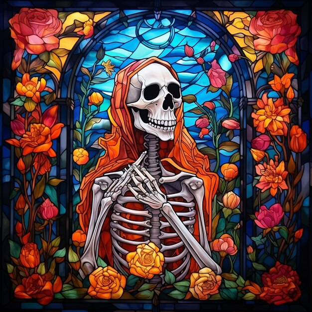 A close up of a skeleton with a red hair and a rose in her hand generative ai