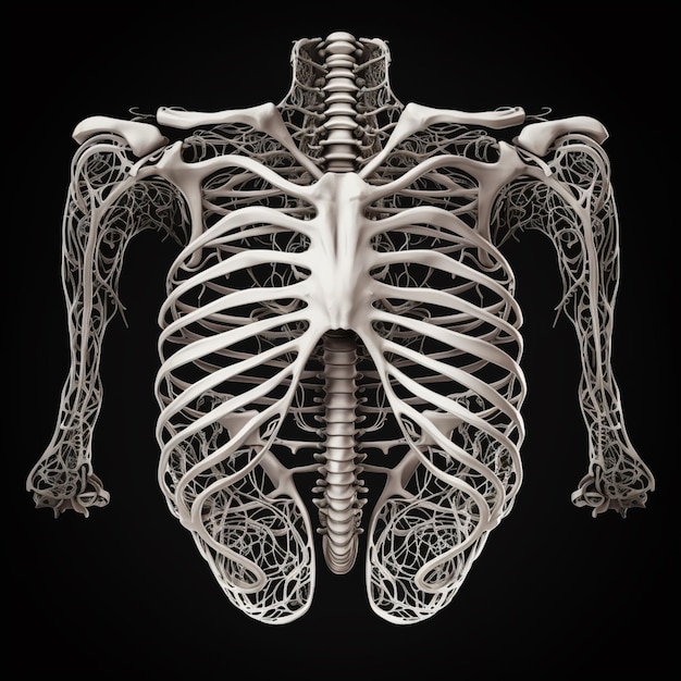 Photo a close up of a skeleton with a ribca and a skeleton in the background generative ai