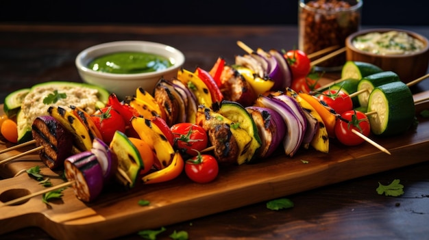 A close up of a skewer of food on a cutting board