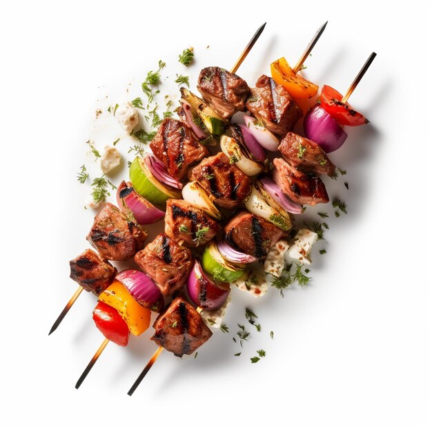 a close up of a skewer of meat and vegetables on a white plate generative ai