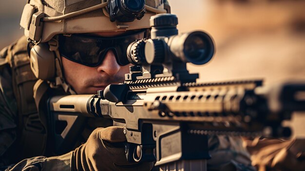 Close up of skilled army sniper aiming with optical