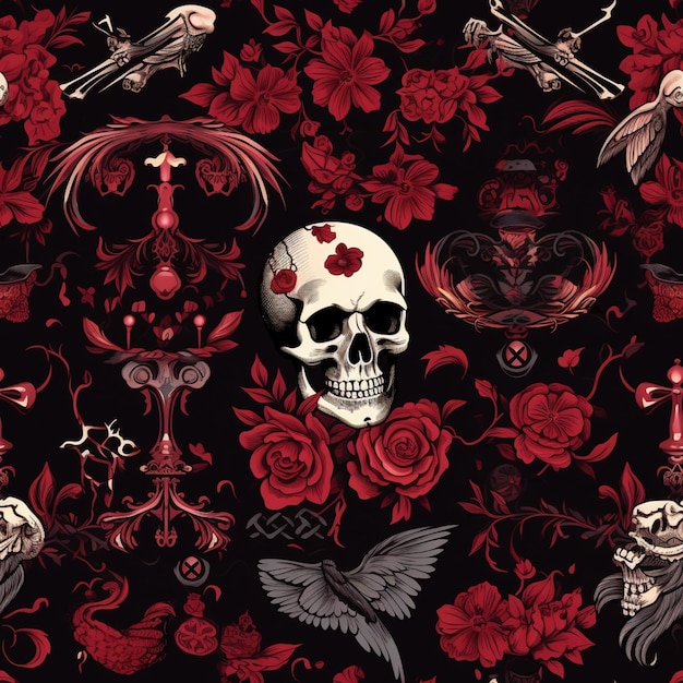 a close up of a skull and roses on a black background generative ai