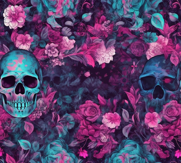a close up of a skull surrounded by flowers on a purple background generative ai