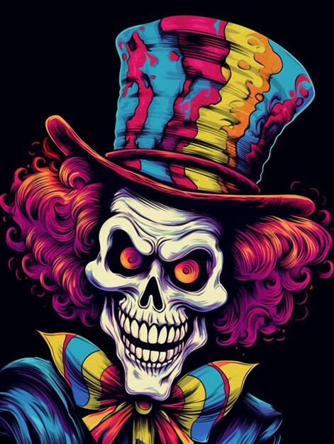 Photo a close up of a skull wearing a top hat and clown wig generative ai