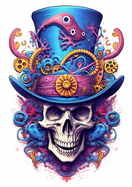 A close up of a skull wearing a top hat with octopus tentacles generative ai