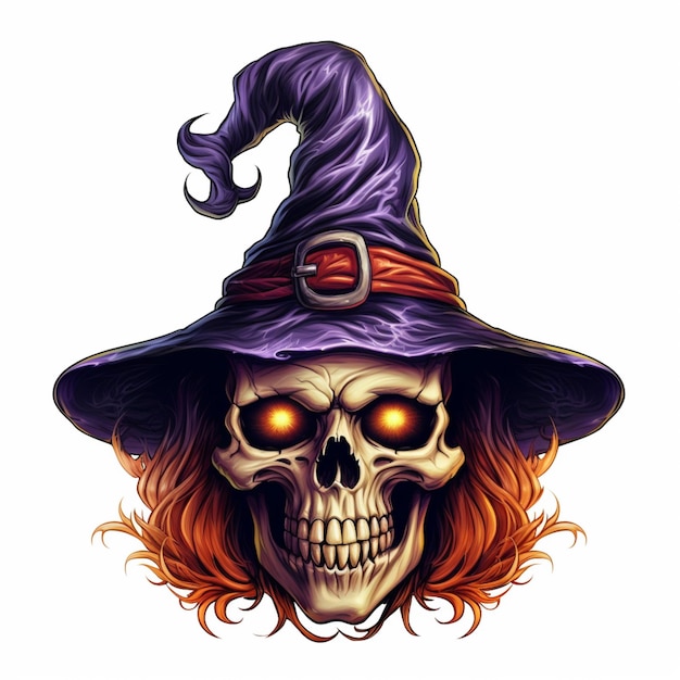 A close up of a skull wearing a witch hat with a long red hair generative ai