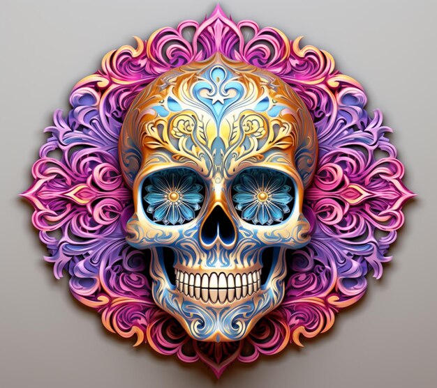 A close up of a skull with a floral design on it generative ai