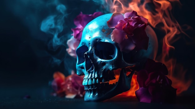 A close up of a skull with a flower in its mouth Generative AI image