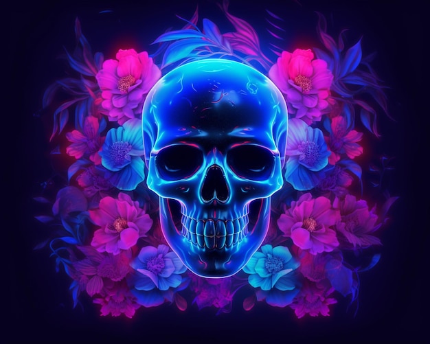 A close up of a skull with flowers in the background generative ai