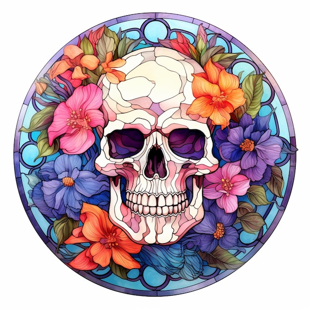 A close up of a skull with flowers in a circular stained glass window generative ai