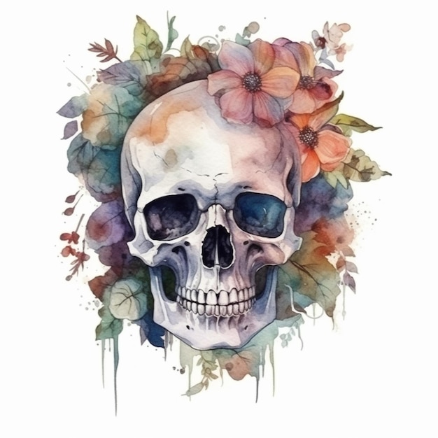 Крупный план черепа с цветами на голове, генеративный ай