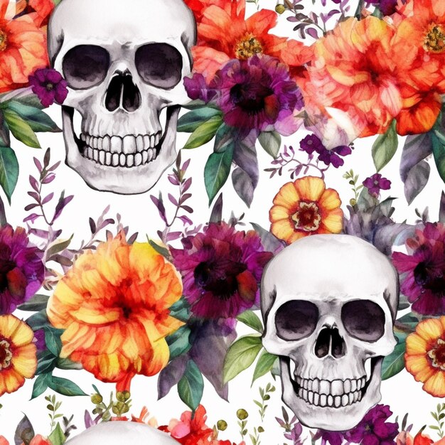 A close up of a skull with flowers on a white background generative ai