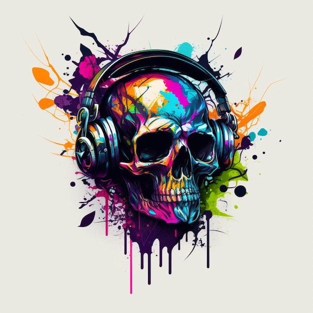 a close up of a skull with headphones on a white background generative ai