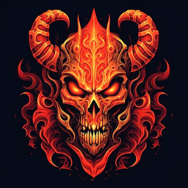 A close up of a skull with horns and flames on it generative ai