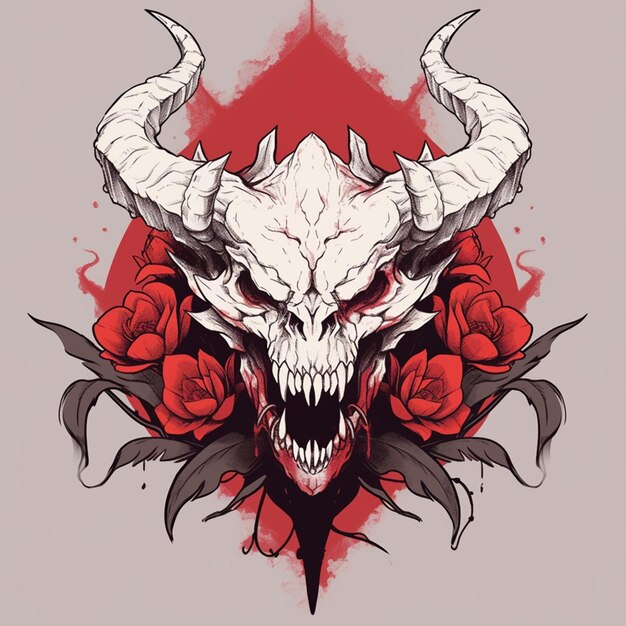 a close up of a skull with horns and roses on a gray background generative ai