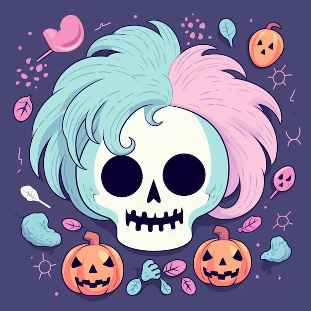 Photo a close up of a skull with a pink hair and a blue wig generative ai