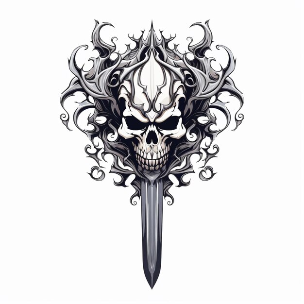 a close up of a skull with a sword on a white background generative ai