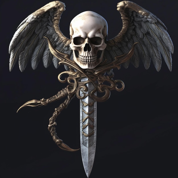 A close up of a skull with wings and a sword generative ai