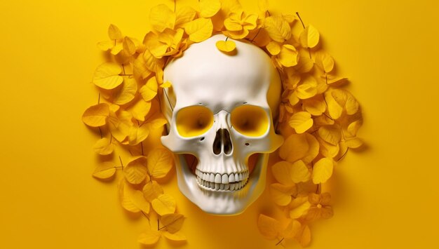 A close up of a skull with yellow glasses on a yellow background generative ai