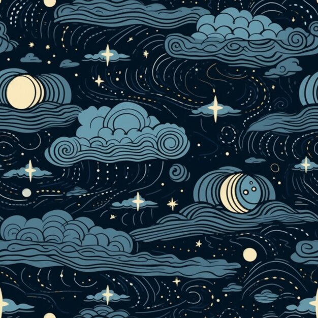 a close up of a sky with clouds and stars and a crescent generative ai