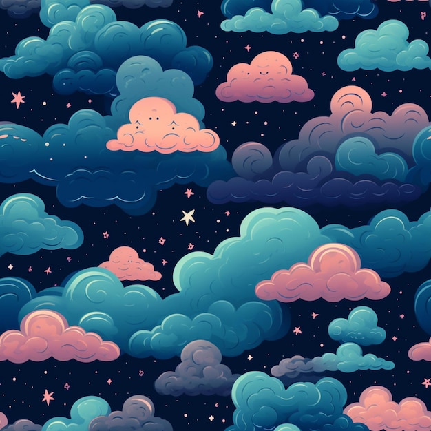 A close up of a sky with clouds and stars with a smiley face generative ai