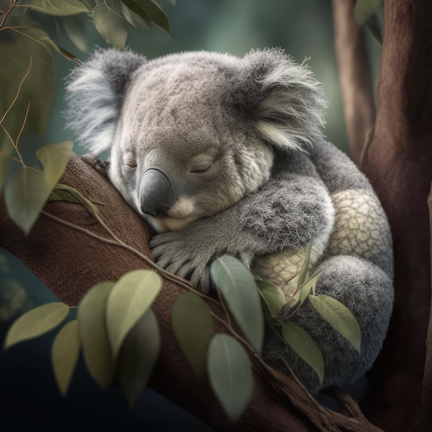 Photo close up of sleeping koala bear sleeping on tree created using generative ai technology