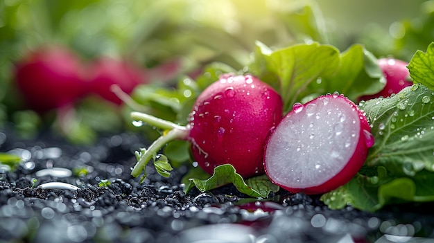close up slice cut off half red radish in water drops surface illuminated