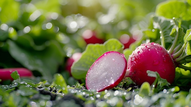 close up slice cut off half red radish in water drops surface illuminated