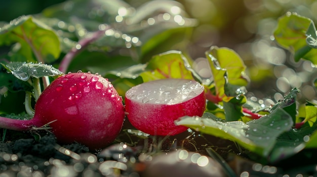 close up slice cut off half red radish in water drops surface illuminated