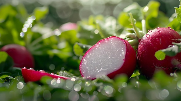 close up slice cut off half red radish in water drops surface illuminated