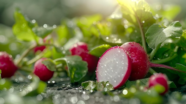 close up slice cut off half red radish in water drops surface illuminated