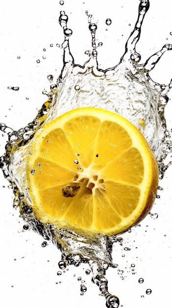 A close up of a slice of lemon falling into water generative ai