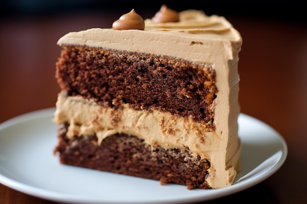 A close up of a slice of mocha chiffon cake with coffee buttercream